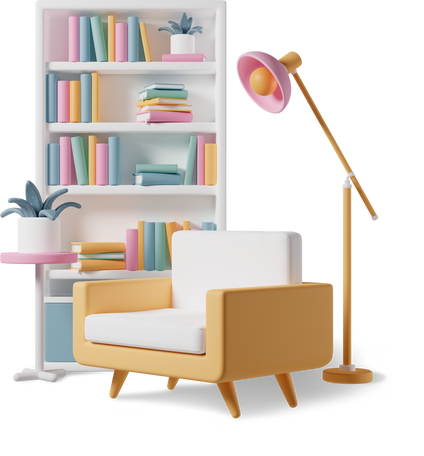 casual-life-3d-interior-set-with-armchair-bookcase-and-floor-lamp-1